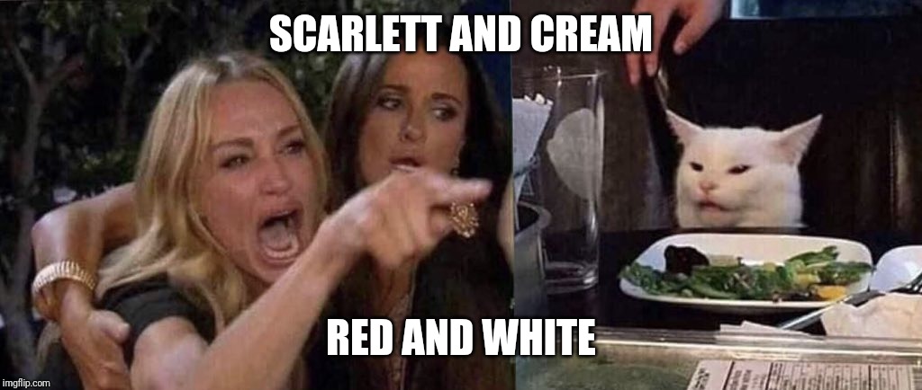 woman yelling at cat | SCARLETT AND CREAM; RED AND WHITE | image tagged in woman yelling at cat | made w/ Imgflip meme maker