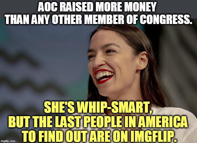 Hey Trump Cult Weenies, recycling old Sarah Palin jokes and putting AOC's name on them doesn't fool anybody. This one is smart. | AOC RAISED MORE MONEY 
THAN ANY OTHER MEMBER OF CONGRESS. SHE'S WHIP-SMART, 
BUT THE LAST PEOPLE IN AMERICA 
TO FIND OUT ARE ON IMGFLIP. | image tagged in aoc,smart | made w/ Imgflip meme maker