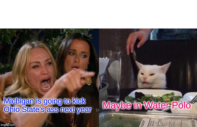 Woman Yelling At Cat Meme | Michigan is going to kick Ohio State's ass next year; Maybe in Water Polo | image tagged in memes,woman yelling at cat | made w/ Imgflip meme maker