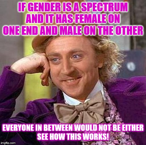 Anything other than male or female is an Anomaly | IF GENDER IS A SPECTRUM AND IT HAS FEMALE ON ONE END AND MALE ON THE OTHER; EVERYONE IN BETWEEN WOULD NOT BE EITHER
SEE HOW THIS WORKS! | image tagged in memes,creepy condescending wonka,politics | made w/ Imgflip meme maker