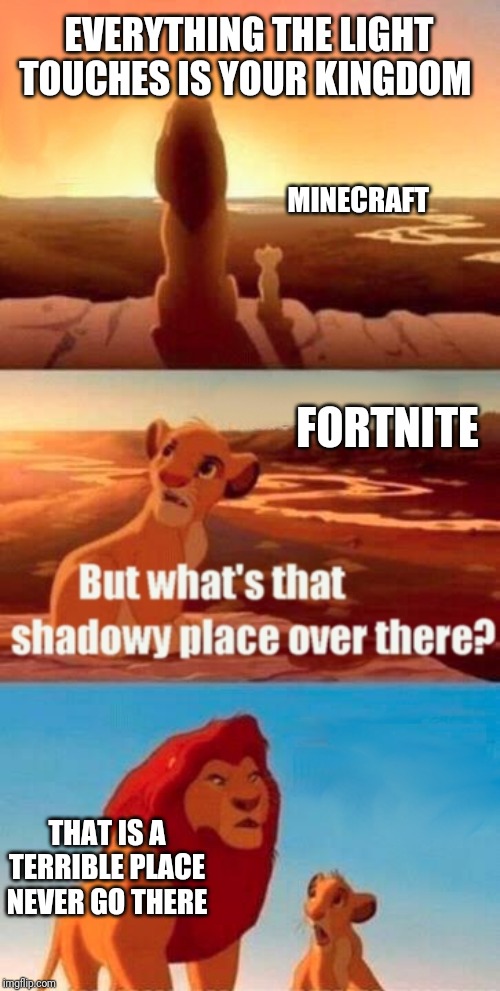 Simba Shadowy Place Meme | EVERYTHING THE LIGHT TOUCHES IS YOUR KINGDOM; MINECRAFT; FORTNITE; THAT IS A TERRIBLE PLACE NEVER GO THERE | image tagged in memes,simba shadowy place | made w/ Imgflip meme maker