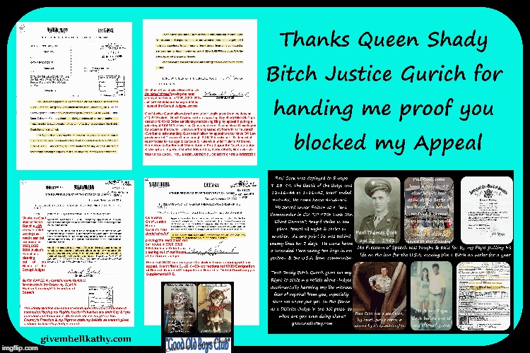 Thanks Chief Justice Gurich for proof you blocked my 117809 appeal with your orders (on givemhellkathy.com blog) | image tagged in oklahoma,court,corruption,supreme court,judge,tyranny | made w/ Imgflip meme maker