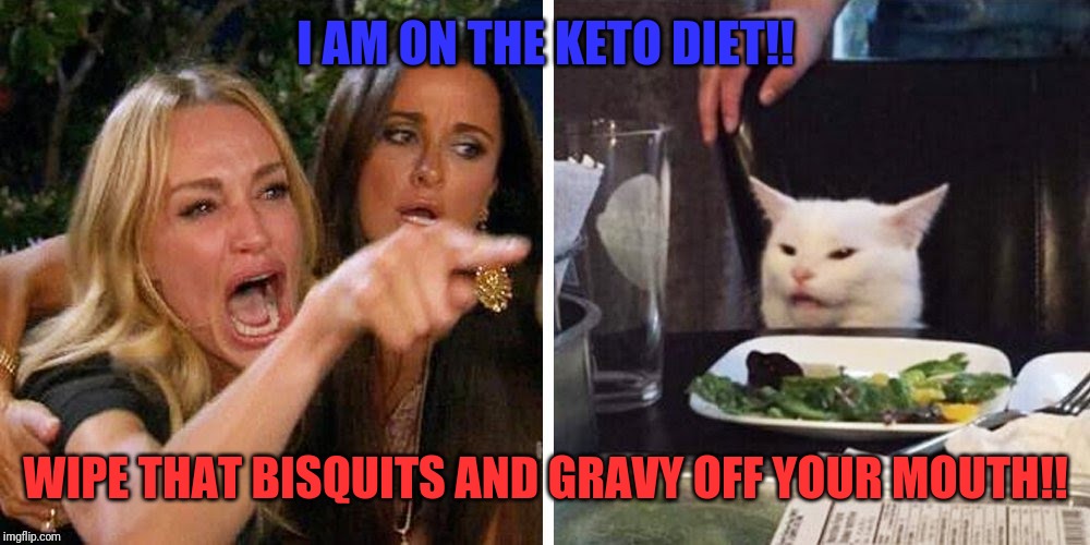 Smudge the cat | I AM ON THE KETO DIET!! WIPE THAT BISQUITS AND GRAVY OFF YOUR MOUTH!! | image tagged in smudge the cat | made w/ Imgflip meme maker