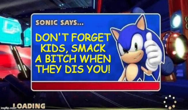 If Only This Came Up When I Played Sonic... | DON'T FORGET KIDS, SMACK A BITCH WHEN THEY DIS YOU! | image tagged in sonic says | made w/ Imgflip meme maker