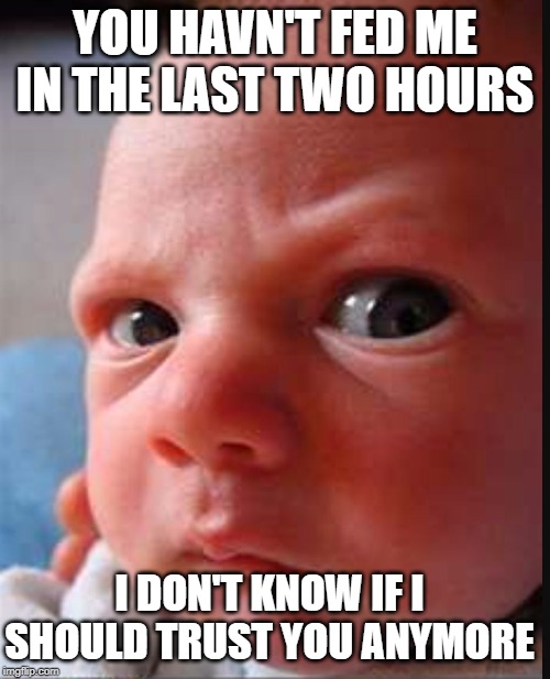 mad baby | YOU HAVN'T FED ME IN THE LAST TWO HOURS; I DON'T KNOW IF I SHOULD TRUST YOU ANYMORE | image tagged in mad baby | made w/ Imgflip meme maker