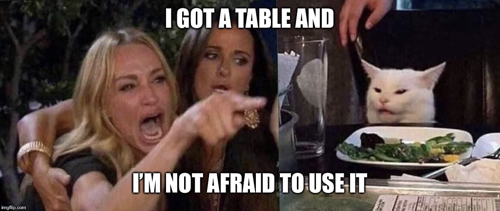 woman yelling at cat | I GOT A TABLE AND; I’M NOT AFRAID TO USE IT | image tagged in woman yelling at cat | made w/ Imgflip meme maker