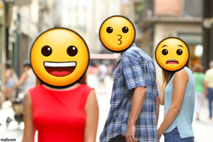 Distracted Boyfriend | 😗; 😀; 😧 | image tagged in memes,distracted boyfriend | made w/ Imgflip meme maker