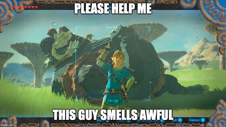 link botw | PLEASE HELP ME; THIS GUY SMELLS AWFUL | image tagged in link botw | made w/ Imgflip meme maker