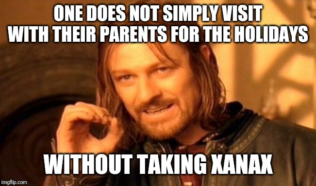 One Does Not Simply | ONE DOES NOT SIMPLY VISIT WITH THEIR PARENTS FOR THE HOLIDAYS; WITHOUT TAKING XANAX | image tagged in memes,one does not simply | made w/ Imgflip meme maker