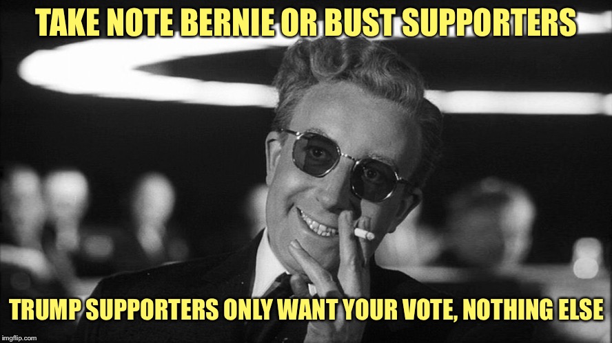 Doctor Strangelove says... | TAKE NOTE BERNIE OR BUST SUPPORTERS TRUMP SUPPORTERS ONLY WANT YOUR VOTE, NOTHING ELSE | image tagged in doctor strangelove says | made w/ Imgflip meme maker