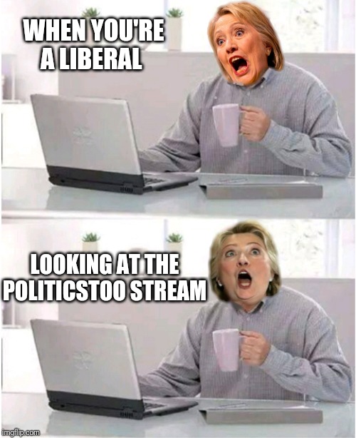 Hardy har | WHEN YOU'RE A LIBERAL; LOOKING AT THE POLITICSTOO STREAM | image tagged in hardy har,hillary clinton | made w/ Imgflip meme maker