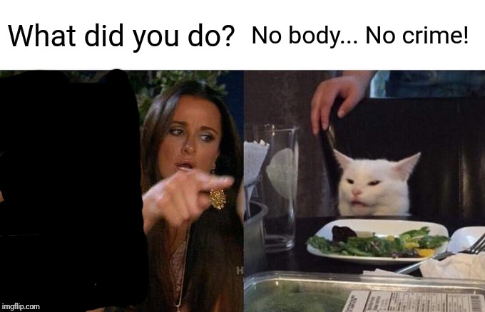 Woman Yelling At Cat | What did you do? No body... No crime! | image tagged in memes,woman yelling at cat | made w/ Imgflip meme maker