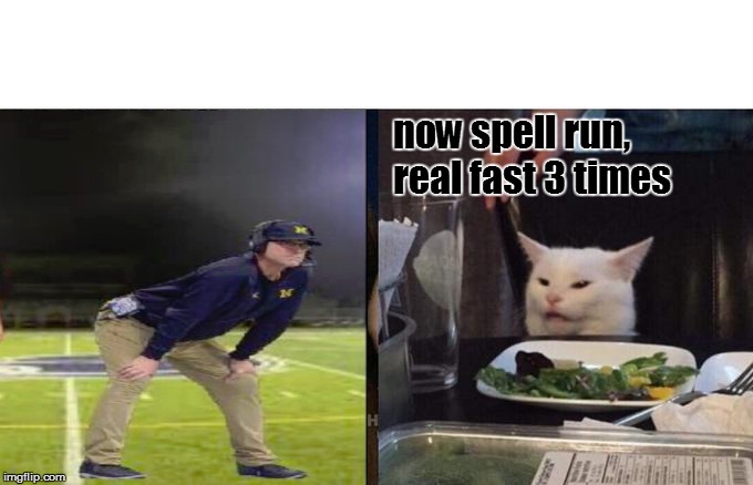 Woman Yelling At Cat Meme | now spell run, real fast 3 times | image tagged in memes,woman yelling at cat | made w/ Imgflip meme maker