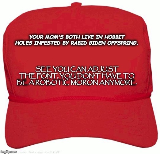 Red Hat | YOUR MOM'S BOTH LIVE IN HOBBIT HOLES INFESTED BY RABID BIDEN OFFSPRING. SEE YOU CAN ADJUST THE FONT, YOU DON'T HAVE TO BE A ROBOTIC MORON ANYMORE. | image tagged in red hat | made w/ Imgflip meme maker