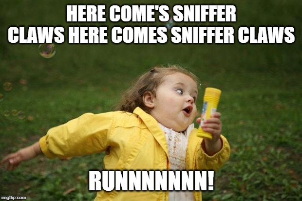 girl running | HERE COME'S SNIFFER CLAWS HERE COMES SNIFFER CLAWS RUNNNNNNN! | image tagged in girl running | made w/ Imgflip meme maker