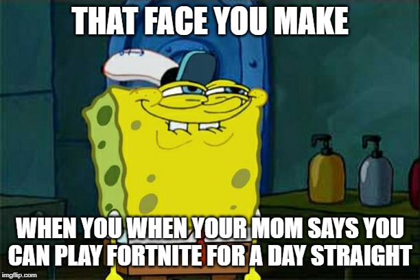 Don't You Squidward Meme | THAT FACE YOU MAKE; WHEN YOU WHEN YOUR MOM SAYS YOU CAN PLAY FORTNITE FOR A DAY STRAIGHT | image tagged in memes,dont you squidward | made w/ Imgflip meme maker