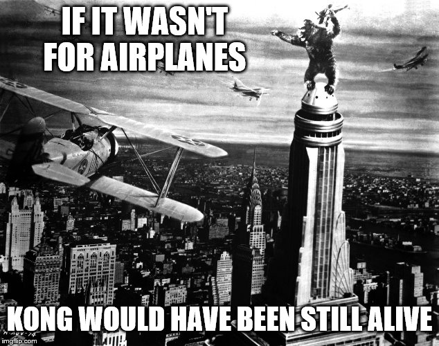 king kong | IF IT WASN'T FOR AIRPLANES; KONG WOULD HAVE BEEN STILL ALIVE | image tagged in king kong | made w/ Imgflip meme maker