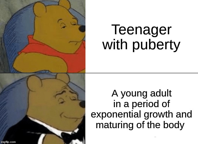 Still true | Teenager with puberty; A young adult in a period of exponential growth and maturing of the body | image tagged in memes,tuxedo winnie the pooh | made w/ Imgflip meme maker