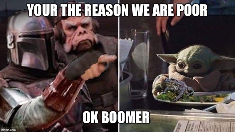 Mandalorian Yelling at Baby Yoda | YOUR THE REASON WE ARE POOR; OK BOOMER | image tagged in mandalorian yelling at baby yoda | made w/ Imgflip meme maker