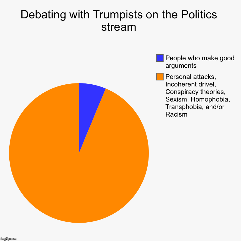 I keep trying anyway because I used to be like you. I grew out of it and I hope you do too. | Debating with Trumpists on the Politics stream | Personal attacks, Incoherent drivel, Conspiracy theories, Sexism, Homophobia, Transphobia,  | image tagged in charts,pie charts,debate,politics,homophobia,racism | made w/ Imgflip chart maker