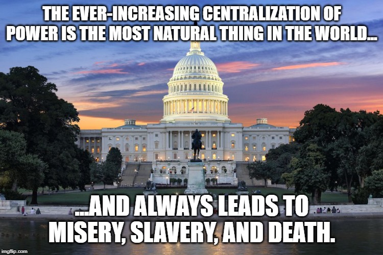 Washington DC swamp | THE EVER-INCREASING CENTRALIZATION OF POWER IS THE MOST NATURAL THING IN THE WORLD... ...AND ALWAYS LEADS TO MISERY, SLAVERY, AND DEATH. | image tagged in washington dc swamp | made w/ Imgflip meme maker