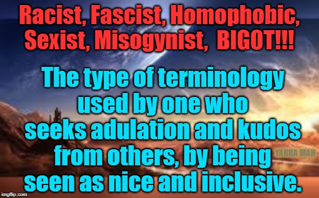 Racist Bigot | Racist, Fascist, Homophobic, Sexist, Misogynist,  BIGOT!!! The type of terminology used by one who seeks adulation and kudos from others, by being seen as nice and inclusive. YARRA MAN | image tagged in racist bigot | made w/ Imgflip meme maker