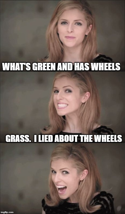 Bad Pun Anna Kendrick | WHAT'S GREEN AND HAS WHEELS; GRASS.  I LIED ABOUT THE WHEELS | image tagged in memes,bad pun anna kendrick | made w/ Imgflip meme maker