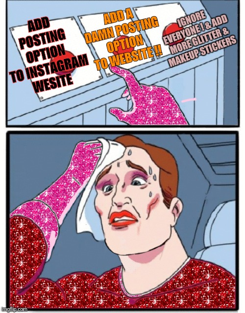 Instagram ignoring the public ! | ADD A DAMN POSTING OPTION TO WEBSITE !! IGNORE EVERYONE ! & ADD MORE GLITTER & MAKEUP STICKERS; ADD POSTING OPTION TO INSTAGRAM WESITE | image tagged in memes,funny,instagram | made w/ Imgflip meme maker