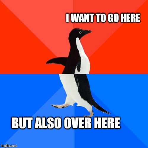 Socially Awesome Awkward Penguin Meme | I WANT TO GO HERE; BUT ALSO OVER HERE | image tagged in memes,socially awesome awkward penguin | made w/ Imgflip meme maker