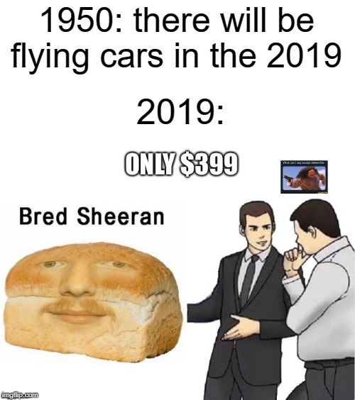 oof | 1950: there will be flying cars in the 2019; 2019: | image tagged in car salesman slaps roof of car,funny,memes,bread,2019,1950s | made w/ Imgflip meme maker