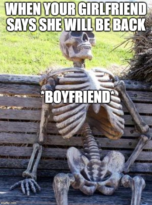 Waiting Skeleton | WHEN YOUR GIRLFRIEND SAYS SHE WILL BE BACK; *BOYFRIEND* | image tagged in memes,waiting skeleton | made w/ Imgflip meme maker