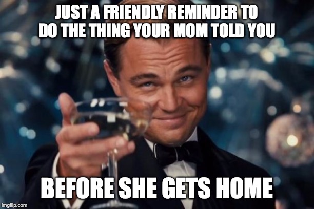 Leonardo Dicaprio Cheers Meme |  JUST A FRIENDLY REMINDER TO DO THE THING YOUR MOM TOLD YOU; BEFORE SHE GETS HOME | image tagged in memes,leonardo dicaprio cheers | made w/ Imgflip meme maker