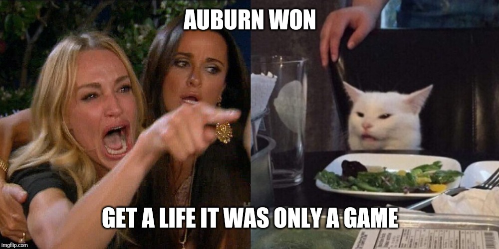 Woman yelling at cat | AUBURN WON; GET A LIFE IT WAS ONLY A GAME | image tagged in woman yelling at cat | made w/ Imgflip meme maker