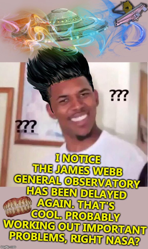 Nibba wut? | I NOTICE THE JAMES WEBB GENERAL OBSERVATORY HAS BEEN DELAYED AGAIN. THAT'S COOL. PROBABLY WORKING OUT IMPORTANT PROBLEMS, RIGHT NASA? | image tagged in nibba wut | made w/ Imgflip meme maker