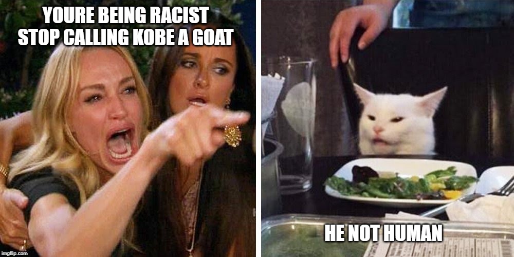 Smudge the cat | YOURE BEING RACIST
STOP CALLING KOBE A GOAT; HE NOT HUMAN | image tagged in smudge the cat | made w/ Imgflip meme maker