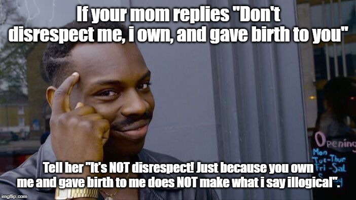 Roll Safe Think About It Meme | If your mom replies "Don't disrespect me, i own, and gave birth to you"; Tell her "It's NOT disrespect! Just because you own me and gave birth to me does NOT make what i say illogical". | image tagged in memes,roll safe think about it | made w/ Imgflip meme maker