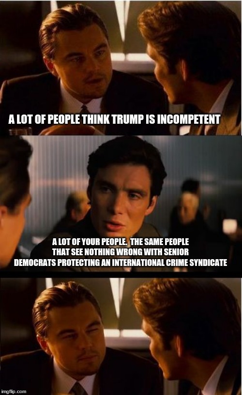 Consider their opinions invalid | A LOT OF PEOPLE THINK TRUMP IS INCOMPETENT; A LOT OF YOUR PEOPLE.  THE SAME PEOPLE THAT SEE NOTHING WRONG WITH SENIOR DEMOCRATS PROTECTING AN INTERNATIONAL CRIME SYNDICATE | image tagged in memes,inception,democrats the crime party,consider their opinions invalid,support criminals at the risk of your soul,trump 2020 | made w/ Imgflip meme maker