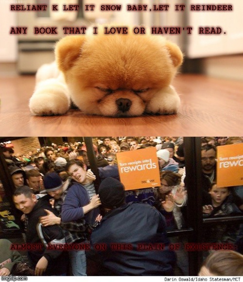 RELIANT K LET IT SNOW BABY,LET IT REINDEER; ANY BOOK THAT I LOVE OR HAVEN'T READ. ALMOST EVERYONE ON THIS PLAIN OF EXISTENCE: | image tagged in shopping,sleeping dog | made w/ Imgflip meme maker