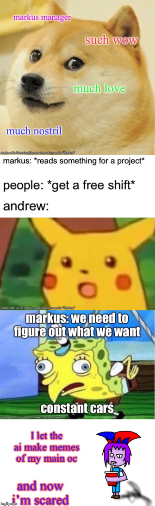 I let the ai make memes of my main oc; and now i’m scared | image tagged in the g drinking popstaran | made w/ Imgflip meme maker