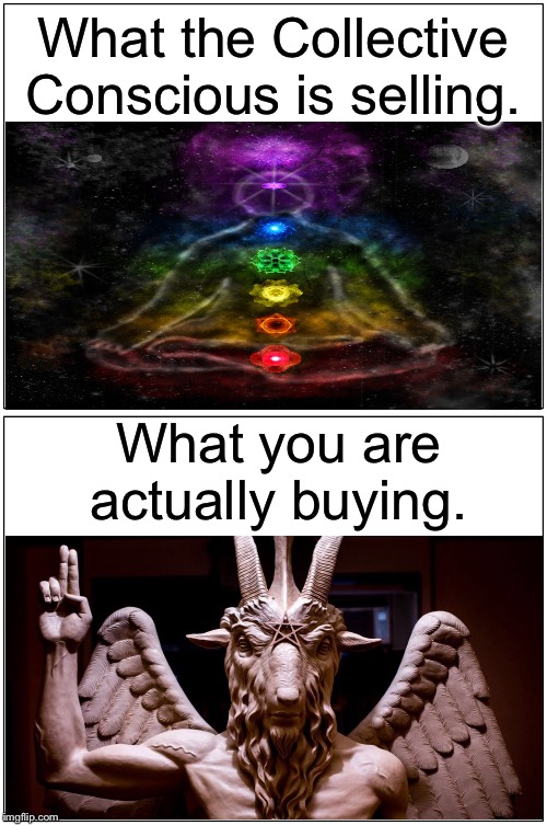 Blank Comic Panel 1x2 | What the Collective Conscious is selling. What you are actually buying. | image tagged in memes,blank comic panel 1x2 | made w/ Imgflip meme maker