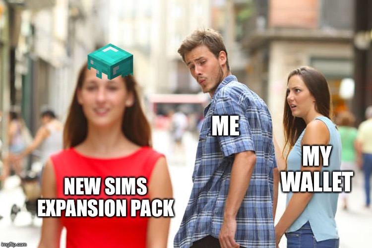 Distracted Boyfriend | ME; MY WALLET; NEW SIMS EXPANSION PACK | image tagged in memes,distracted boyfriend | made w/ Imgflip meme maker
