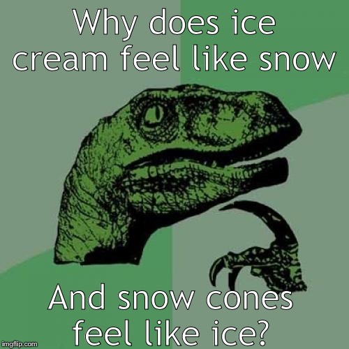 Philosoraptor Meme | Why does ice cream feel like snow; And snow cones feel like ice? | image tagged in memes,philosoraptor | made w/ Imgflip meme maker
