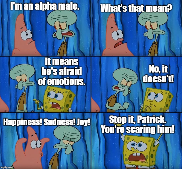 Stop it, Patrick! You're Scaring Him! | What's that mean? I'm an alpha male. It means he's afraid of emotions. No, it doesn't! Happiness! Sadness! Joy! Stop it, Patrick. You're scaring him! | image tagged in stop it patrick you're scaring him | made w/ Imgflip meme maker