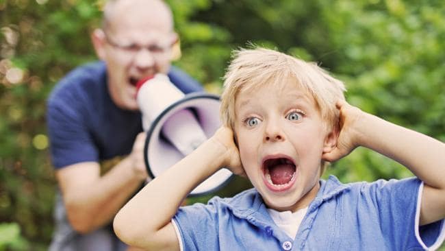 man yelling at a child using a bullhorn Blank Meme Template