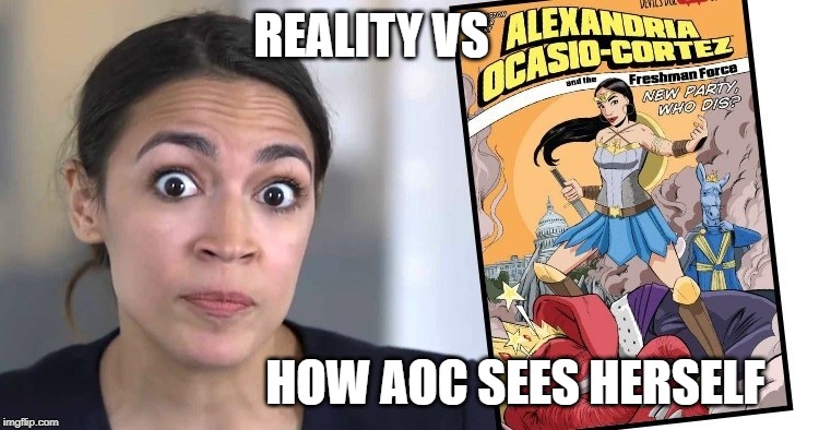 Reality isn't always easy to cope w/ especially for AOC | REALITY VS; HOW AOC SEES HERSELF | image tagged in aoc,reality,new world order | made w/ Imgflip meme maker