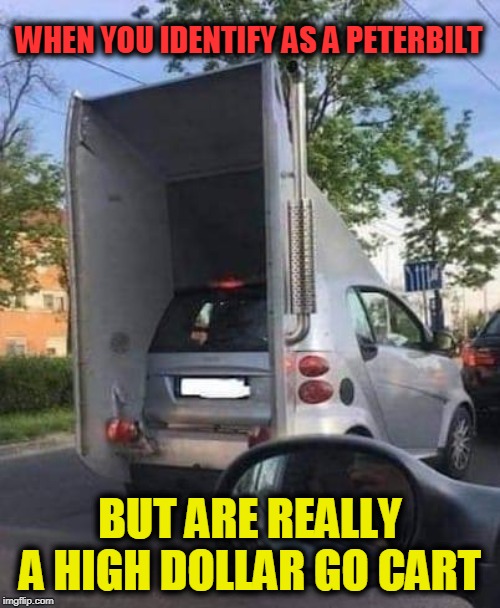 pruisbilt | WHEN YOU IDENTIFY AS A PETERBILT; BUT ARE REALLY A HIGH DOLLAR GO CART | image tagged in trucks,smart,go cart | made w/ Imgflip meme maker