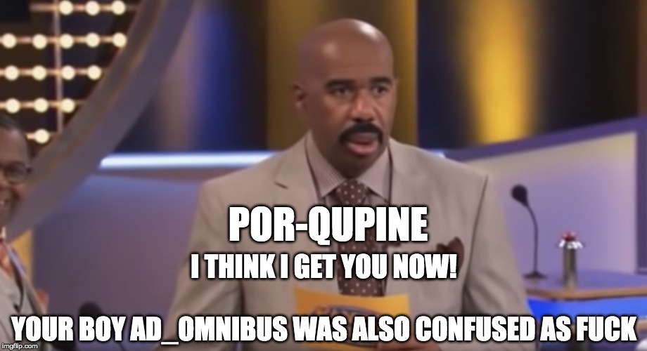 POR-QUPINE I THINK I GET YOU NOW!
 
YOUR BOY AD_OMNIBUS WAS ALSO CONFUSED AS F**K | made w/ Imgflip meme maker