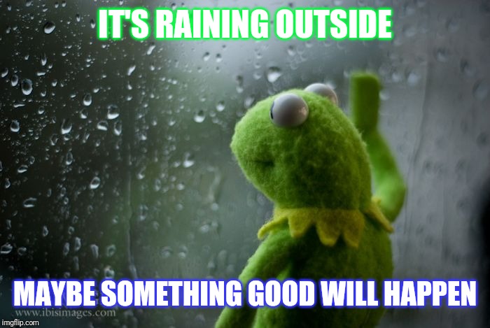 kermit window | IT'S RAINING OUTSIDE; MAYBE SOMETHING GOOD WILL HAPPEN | image tagged in kermit window | made w/ Imgflip meme maker