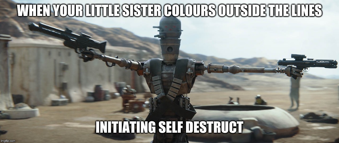 OOF | WHEN YOUR LITTLE SISTER COLOURS OUTSIDE THE LINES; INITIATING SELF DESTRUCT | image tagged in mandalorian,self destruct,starwars | made w/ Imgflip meme maker