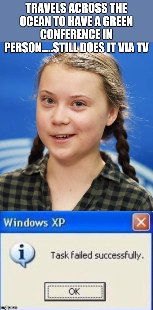 TRAVELS ACROSS THE OCEAN TO HAVE A GREEN CONFERENCE IN PERSON.....STILL DOES IT VIA TV | image tagged in task failed successfully,greta thunberg | made w/ Imgflip meme maker